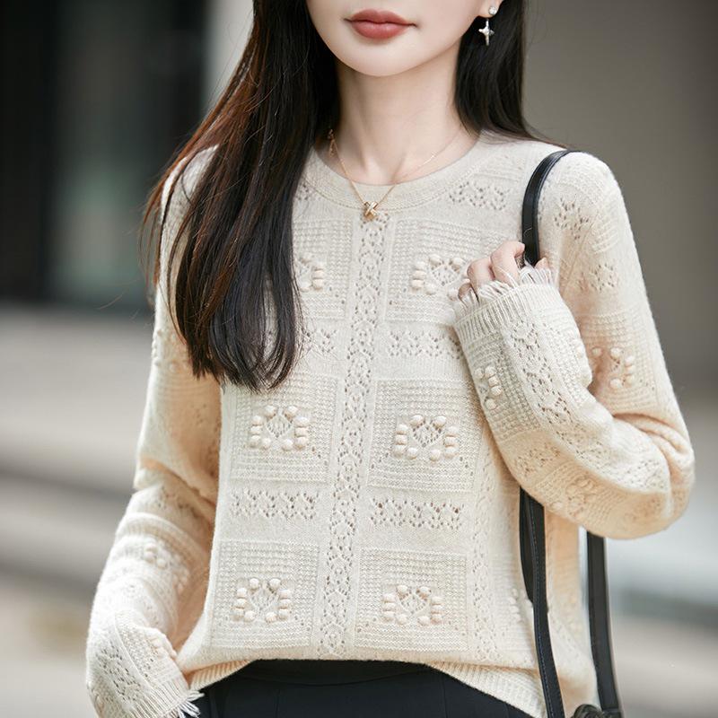 2026 A/W Plaid Wave Pattern Loose Pure Wool Knit Sweater - Women's Round Neck Long Sleeve