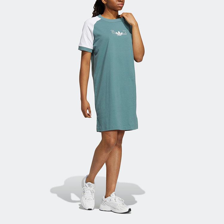 Adidas Originals Color Block Logo Casual Sport Simple Spliced Round Neck Short Sleeve Dress Women dress Dark-Green H49566