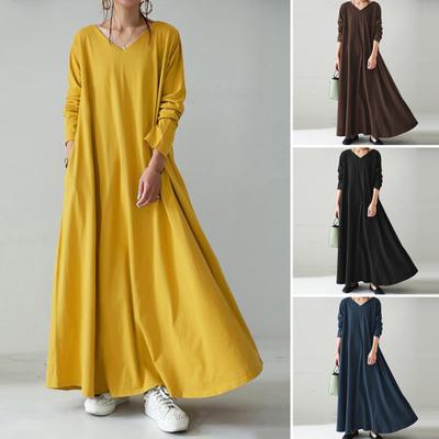 Autumn Winter Women Long Dress Solid Color V Neck Long Sleeves Streetwear Loose Large Hem Female Maxi Dress for Daily Wear