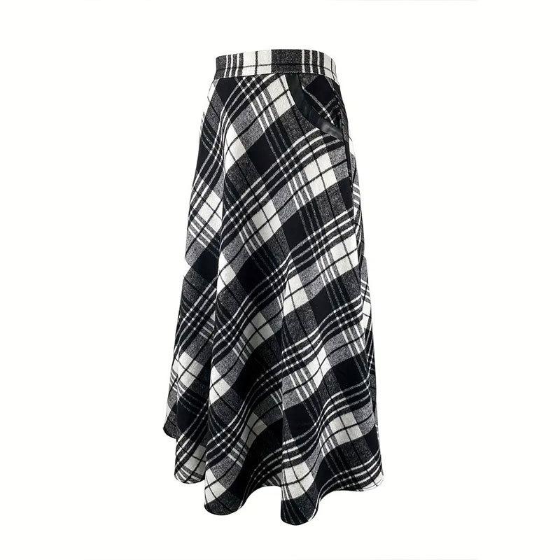 Falda larga informal con diseño de paraguas y bolsillos grandes a cuadros blancos y negros de verano para mujer