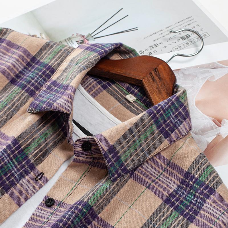 2024 våren Rutade skjortor Dam Topp och blusar Långärmad Oversized Dam Casual Blusas Pocket Lös Kvinnlig Rutig Skjorta Lila