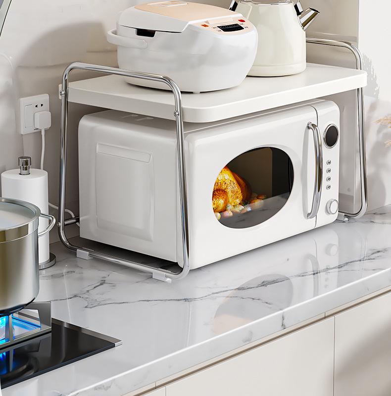 Double Layer Microwave Oven Storage Rack - Multi-functional Kitchen Countertop Shelf with Pull-out for Rice Cooker
