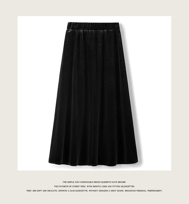 Black A-Line Golden Velvet Elastic Waist Mid-Length Skirt for Women - Plus Size, Spring/Autumn Fashion.