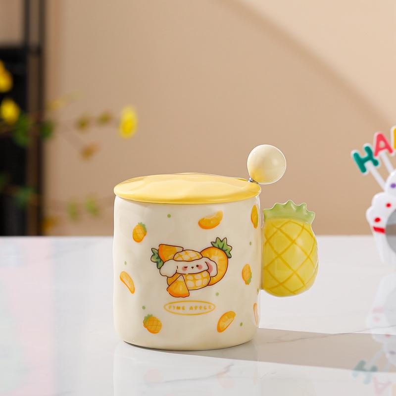New High Value Fruit Mug with Lid Spoon Cute Ceramic Water Cup Office Home Coffee Cup