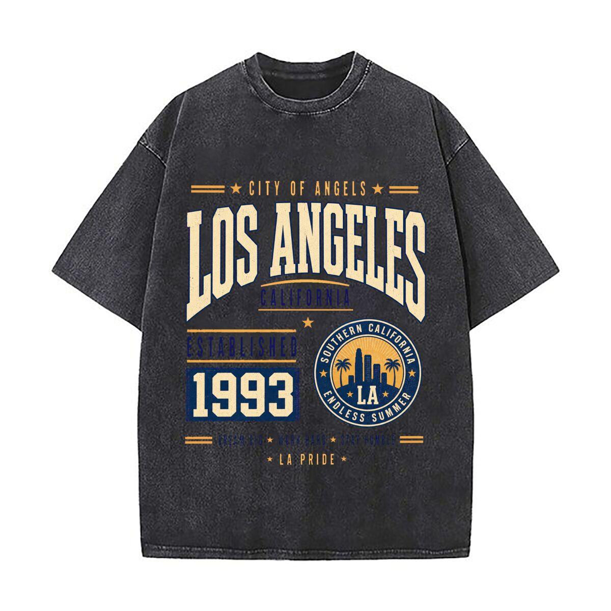 Retro Los Angeles Heritage Year Typo Retro Washed Distressed T Shirt Men Summer Casual Short Sleeve M