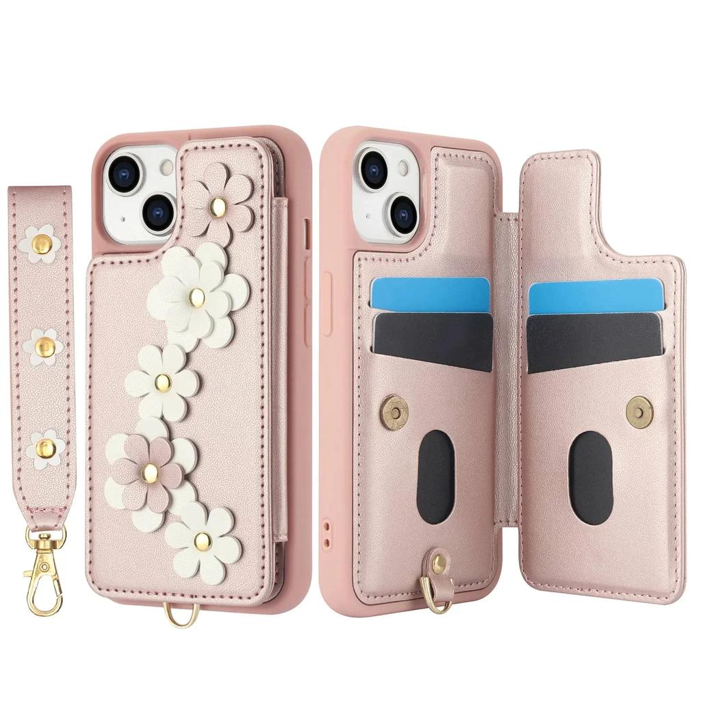 For iPhone 13 12 11 Pro Max SE 2026 7 8 Plus X XS XR XS Max Case, Wallet with Card Holder, Cute Flower Design Crossbody Purse