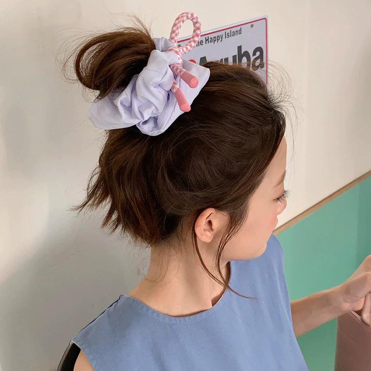 Rosa und blaue Gitterknoten-Streamer-Haarreif für große Köpfe, Damen, flauschiges Wolken-Haarband, Stirnband, Kugel-Haargummi, Haarschmuck