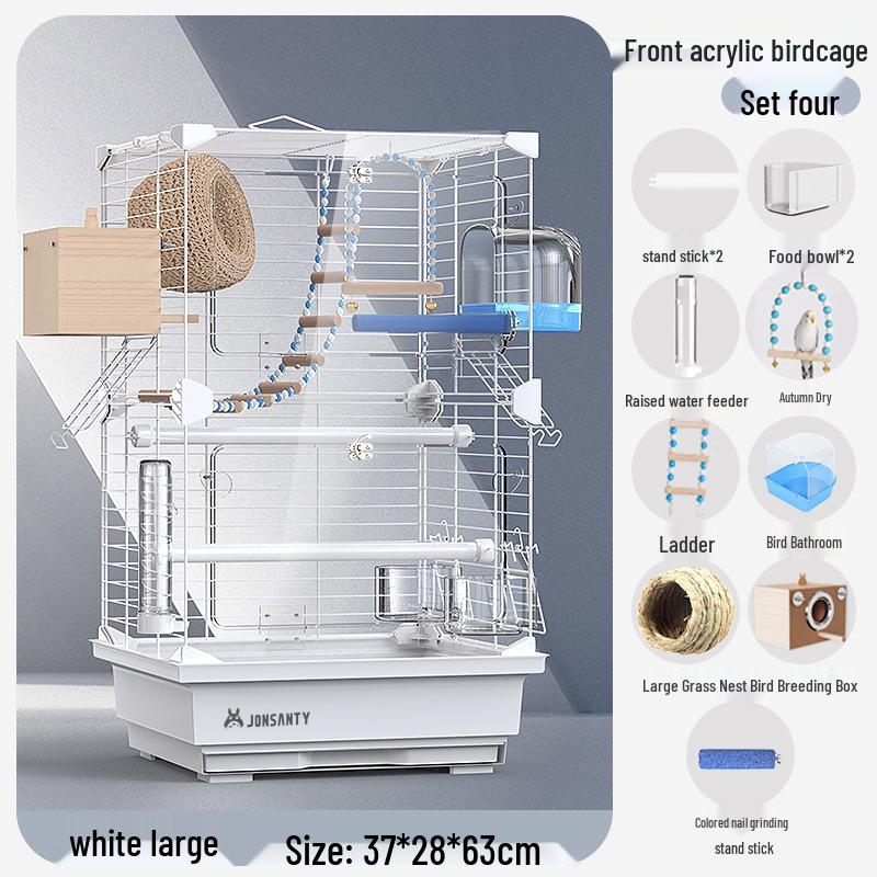 Großer Acryl-Vogelkäfig für Papageien, Nymphensittiche & Wellensittiche - Transparente Vorderseite mit Metallrahmen