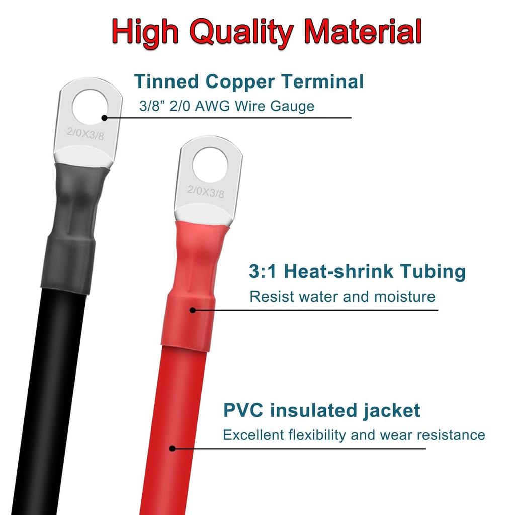 2PCS 2/0 AWG 00 Gauge 12 Inch Battery Cables with 3/8″ Lug Terminals, Flexible Heavy Duty Pure Copper Inverter Power Wires for Automotive Marine RV