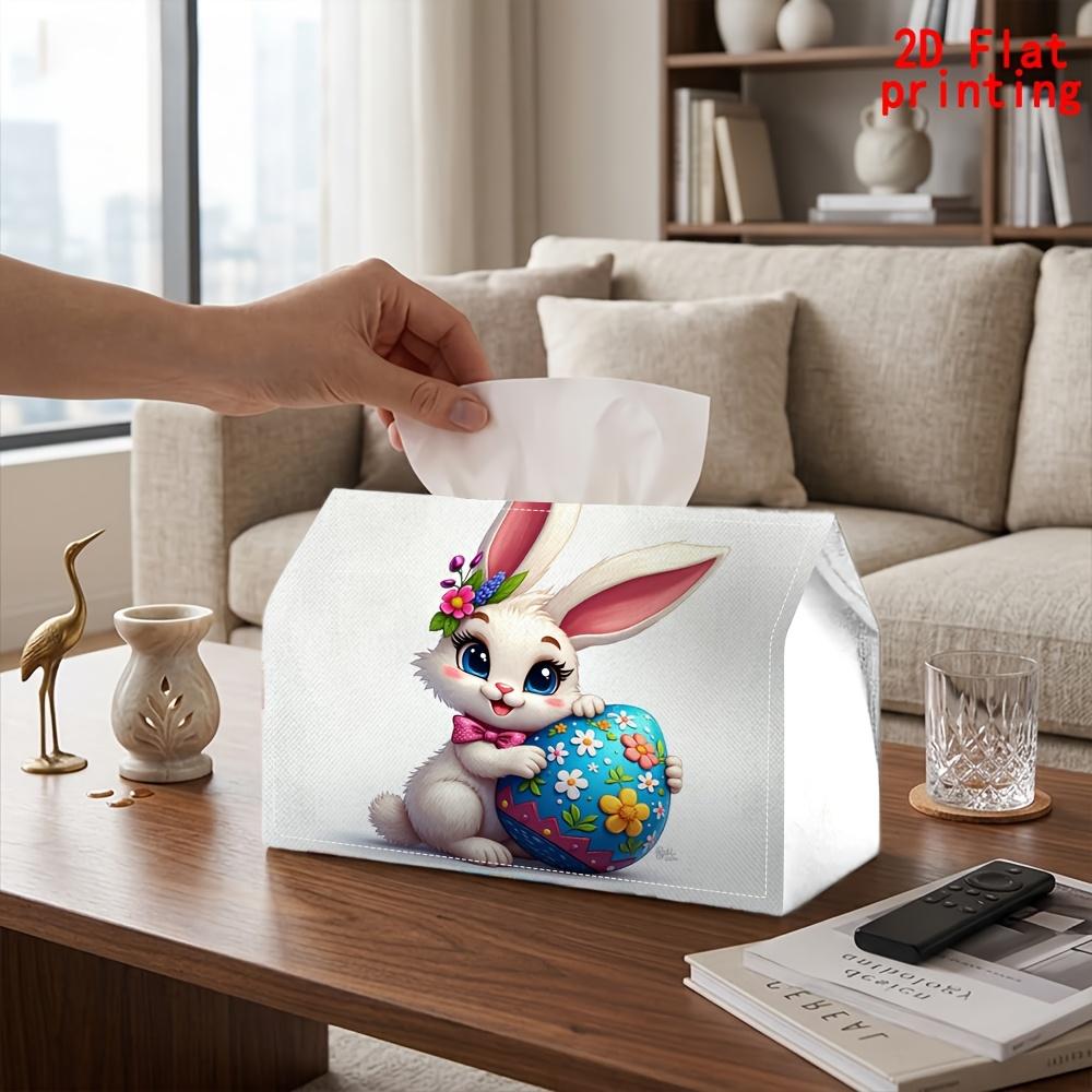 2D Flat 1pc, Tissue Box. Rabbit Holding Easter Eggs Pattern Napkin Dispenser, Reusable, Daily Desktop Tissue Organizer, Suitable for Kitchen Living Ro