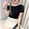 Summer Fashion European Female Clothes T-Shirt Sexy Off Shoulder Shiny Diamonds Mesh Women Tops All Match Tees Blouse