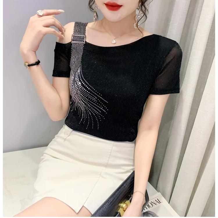 Summer Fashion European Female Clothes T-Shirt Sexy Off Shoulder Shiny Diamonds Mesh Women Tops All Match Tees Blouse