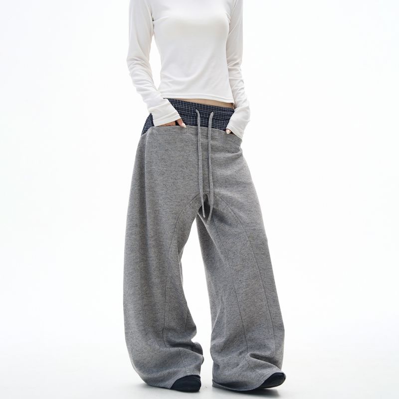 

Kisko American Retro Plaid Patchwork Wide-Leg Drape Sweatpants Unisex Trendy Brand Design Loose Casual Long Pants Gray XL