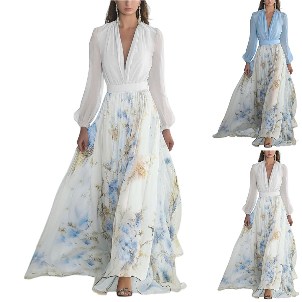 Women Casual Fashion Solid Print Patchwork V Neck Long Dress Lightweight Flowing Fabric Elegant Design for Daily Wear