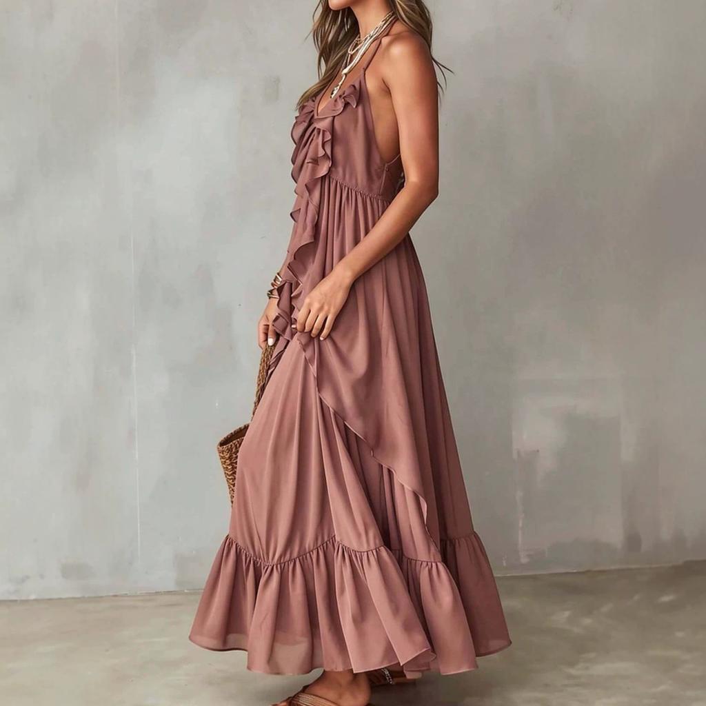 European and American style pleated ruffle edge suspender dress women's summer vacation long dress elegant irregular design skirt