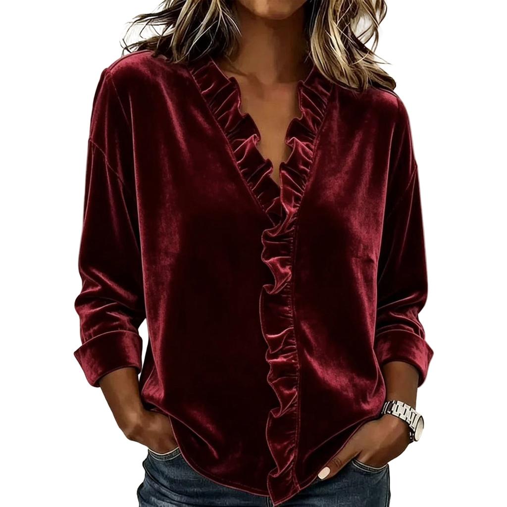 Women's Velvet Long Sleeve Color Top with Ruffle Trim Blouse for Casual Everyday Wear