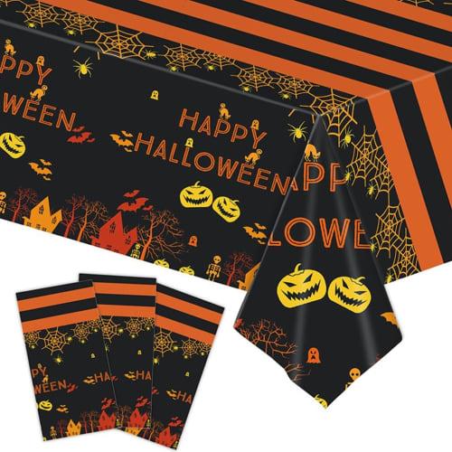 DIFEIUKI Happy Halloween Tablecloths, Set of 4, Spider Web, Bat, Pumpkin, Castle, Black and Orange, Rectangular Table Covers, Water-Repellent and Wate