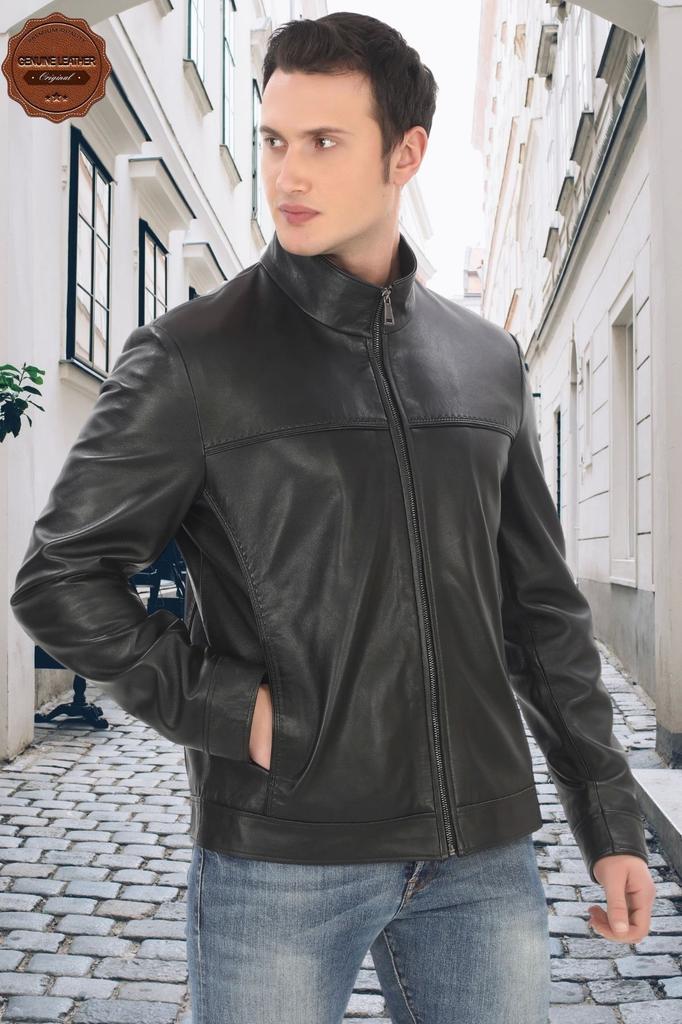 Men's Stand Collar Genuine Lambskin Jacket Black Zippered Stylish Leather Coat for Daily and Business Use