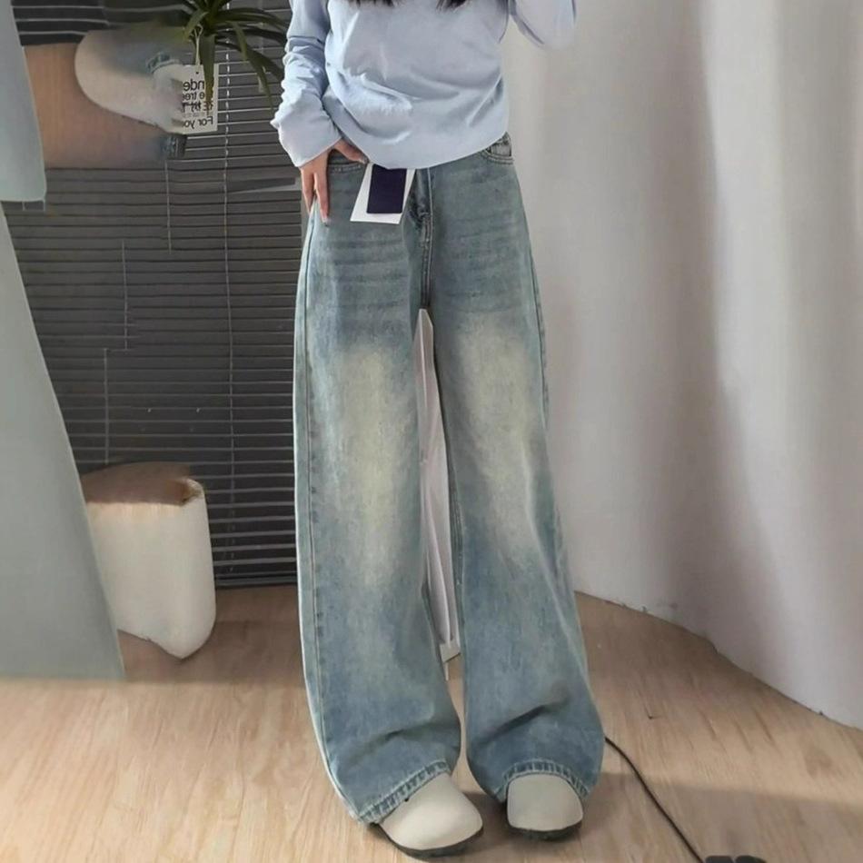 Bequeme Herbst Kleinere Drapey Große Größe Weitbeinjeans Damen Locker Hochtailliert Geschleppte Gerade Hosen Jeans für Damen Lange Denimhosen