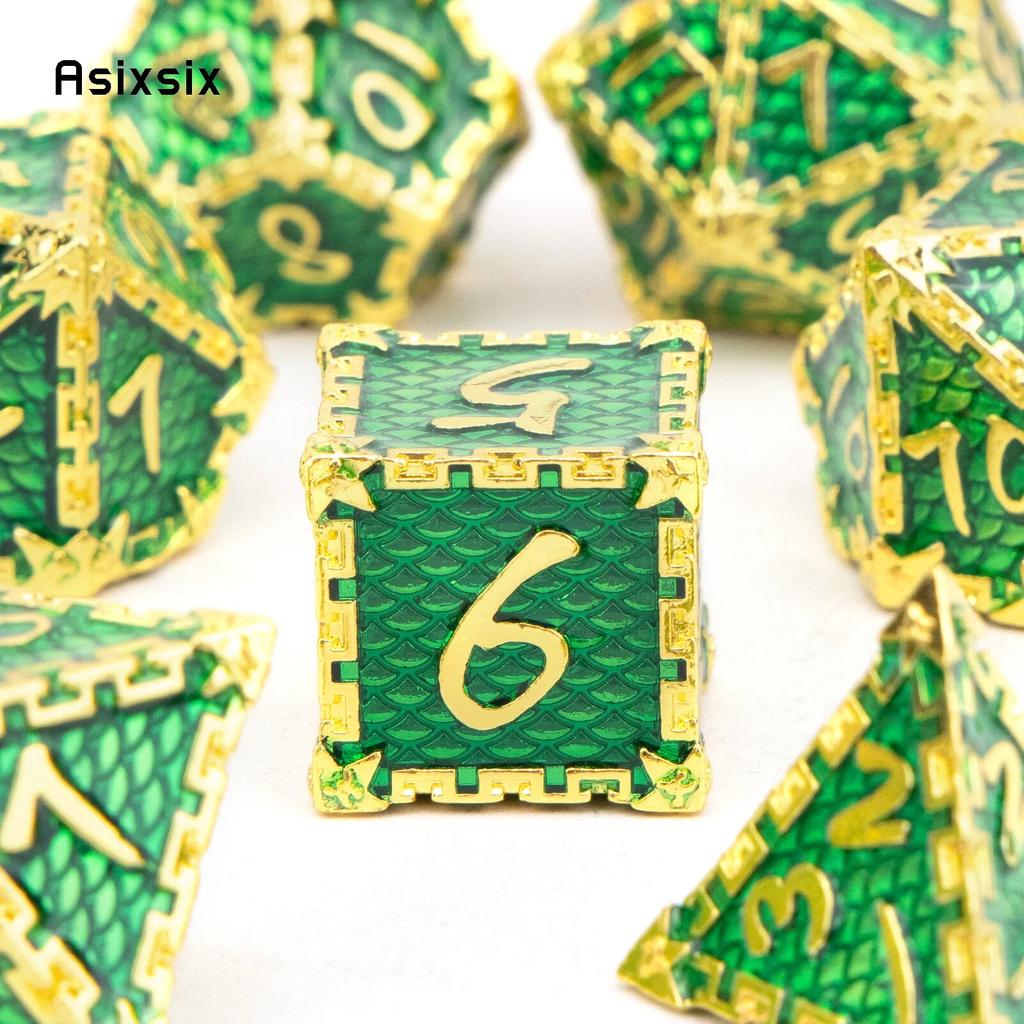 7 Stück grüne goldene Fischschuppen-Metallwürfel aus massivem Metall, polyedrisches Würfelset, geeignet für Rollenspiele, RPG-Brettspiele, Kartenspiele