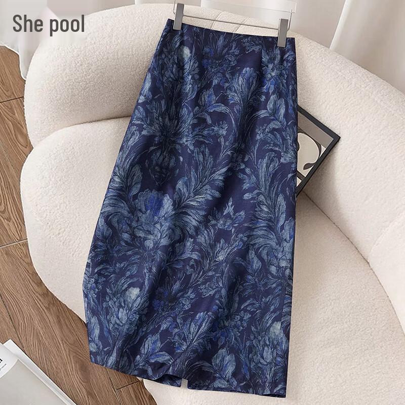 Chinese Style Blue & White Floral Jacquard Skirt S