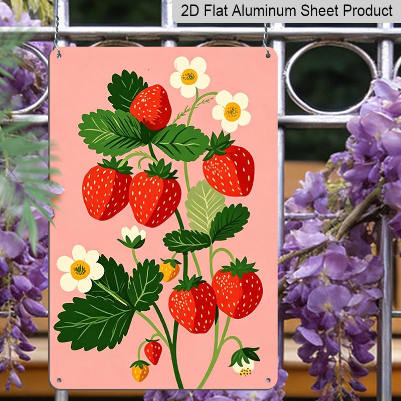 2D Flat, Pink Strawberry Plant Aluminum Sign - Retro Fruit Garden Wall Decor Kitchen Decor, Pantry, Garden Decor, Farmhouse Decor, Cottage Decor