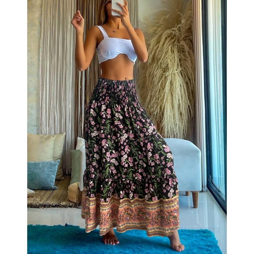 Womens Summer Boho Skirts Casual Maxi Flowy Elastic High Waist A-Line Tiered Swing Floral Long Skirts with Pockets