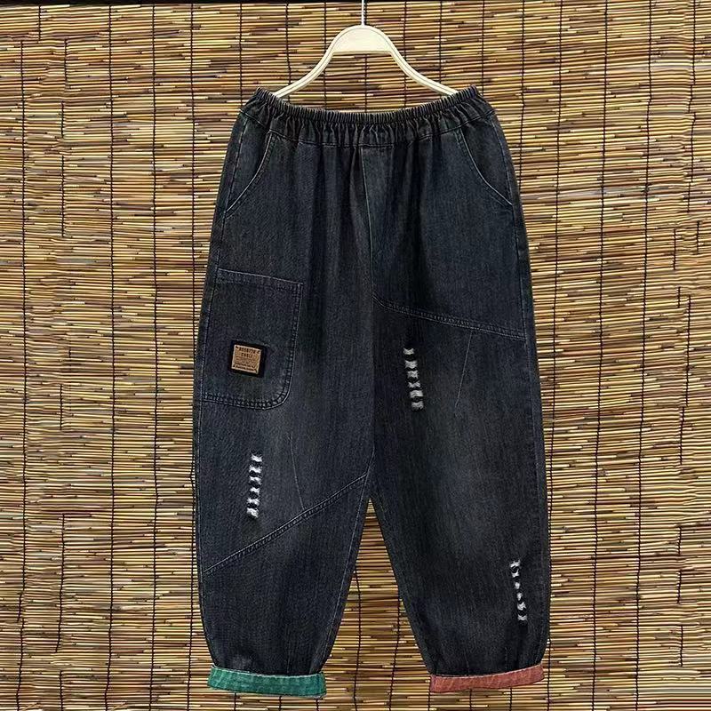 

Женские джинсы летние свободные стройнящие повседневные контрастного цвета брюки-галифе укороченные брюки 2XL