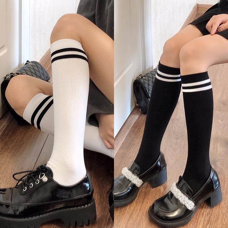 Japanese JK Knee High Socks Kawaii Striped Black White Cotton Long Tube Stockings for Women Girls Students Fashion Leg Warmers