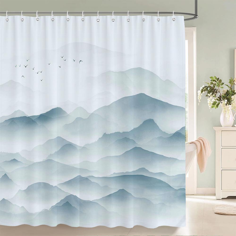 Chinese Ink Painting Landscape Bath Curtain Waterproof Shower Curtains Marble Pattern Bath Screen Printed Curtain For Bathroom