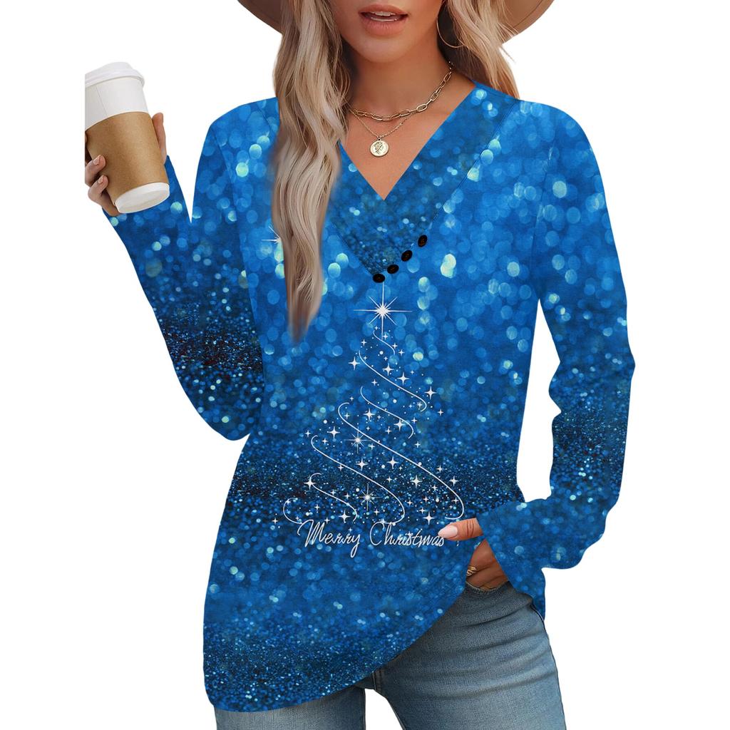 Dámský módní ležérní top s véčkovým výstřihem, plisovaný, vánoční, s dlouhým rukávem