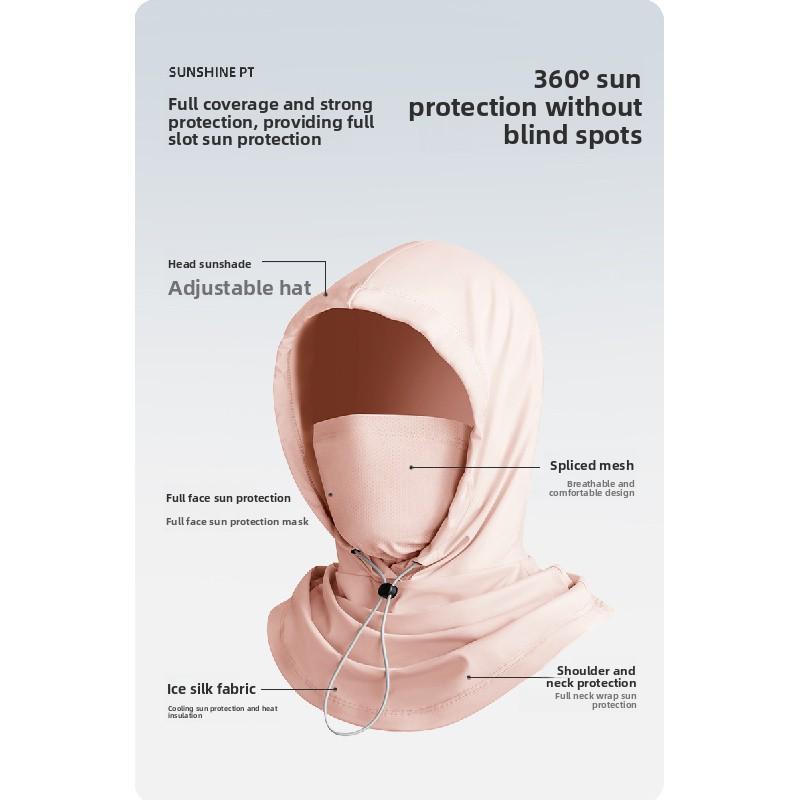 Summer sun protection hat with ice silk face mask, full-face head cover and neck protector for men and women, breathable nylon outdoor accessory