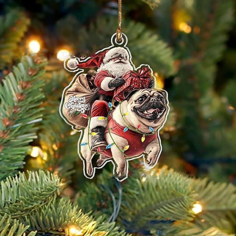 2026 Santa Claus And His Funny Dog Ornament 2D Flat Acrylic Pendant Christmas Decoration For Home Xmas Tree  Year Kerst