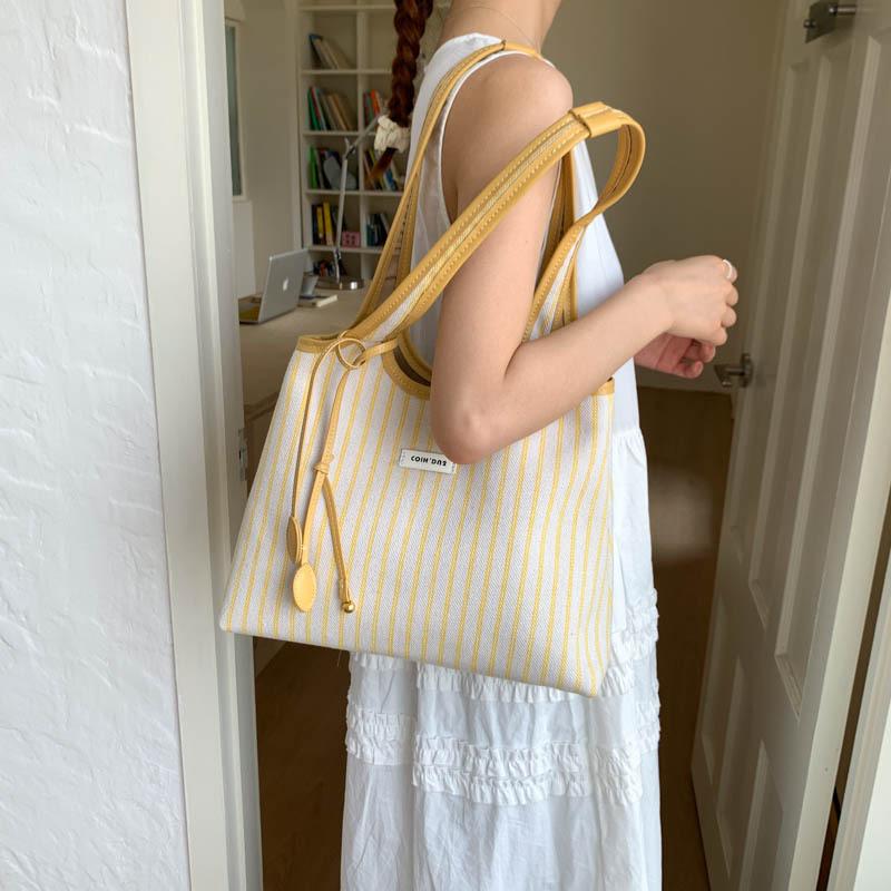 Striped canvas bag women's large-capacity new summer versatile shoulder bag college student class tote bag