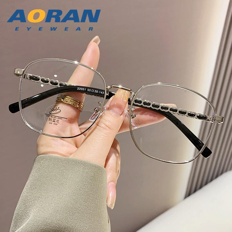 Trendy Women's Anti-Blue Light Metal Frame Glasses - Large, Fashionable, Plain Face Style