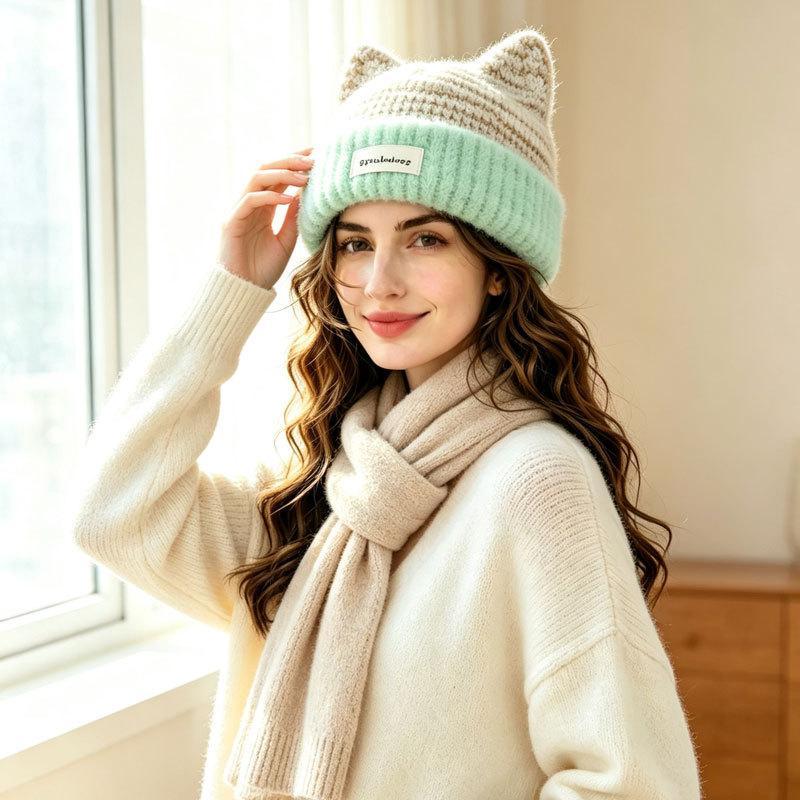 Fuzzy Knit Cat-Ear Beanie Warm Plush Lined Thermal Winter Hat for Women Casual Street Wear Outdoor Daily Use