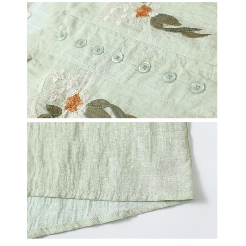 Women Pink V Neck Floral Embroidery Half Placket Three Quarter Sleeve Cotton Linen Blouse