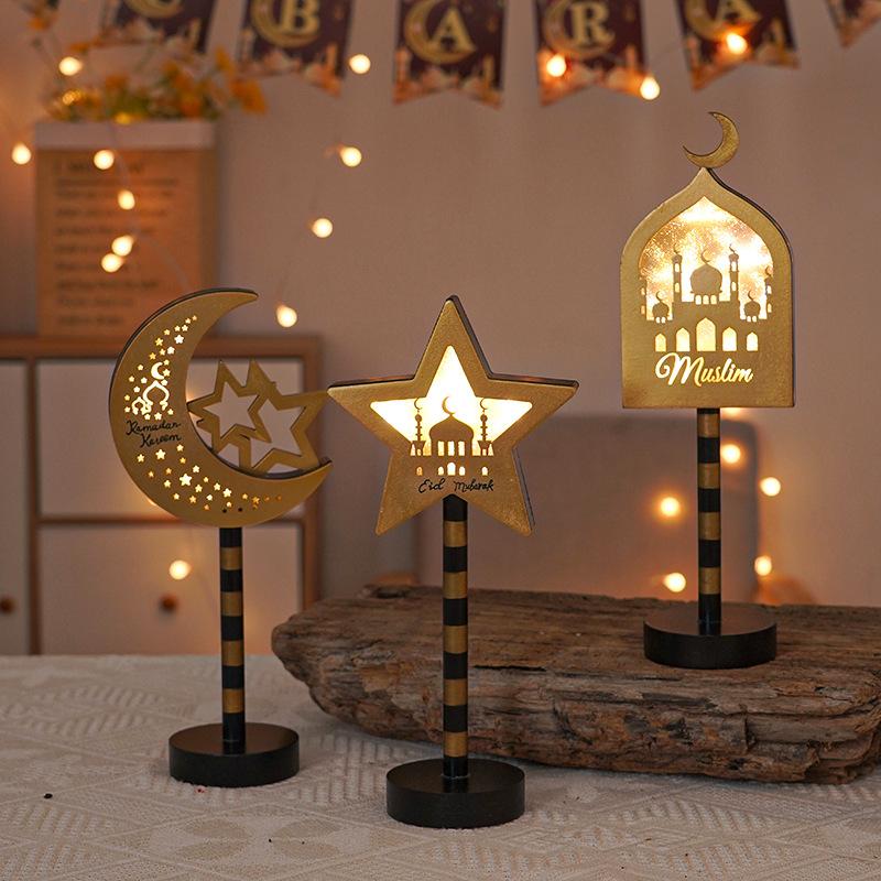 EID Mubarak Wooden Ornaments Moon LED Lights, Ramadan Lamp, Islam Muslim Event Party, Home Table Decoration, Kareem Gifts, 2025
