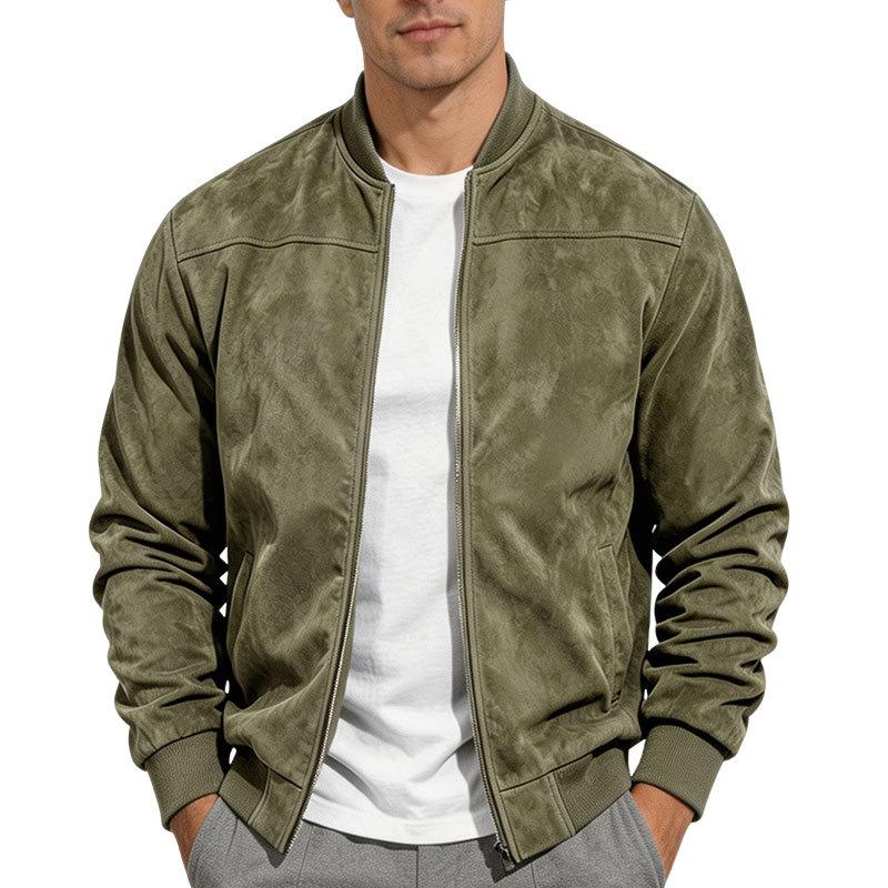Men S Suede Jacket Stand Collar Long Sleeve Zip Up Casual Coat