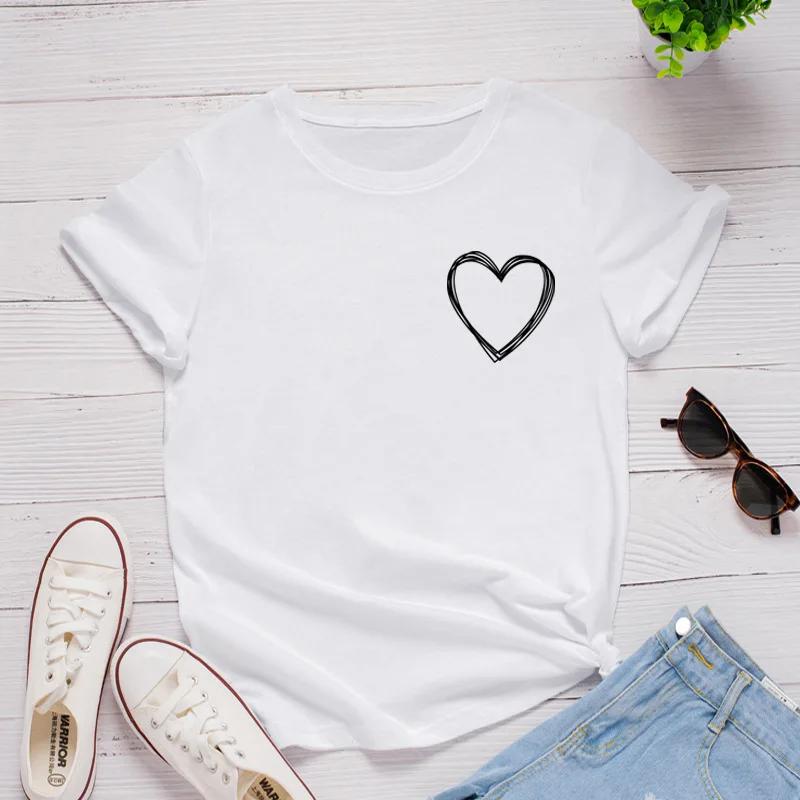 Pocket Heart Print Women T Shirt Short Sleeve O Neck Loose Women Tshirt Ladies Tee Shirt Tops Clothes Camisetas Mujer