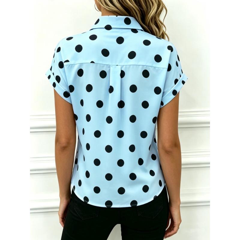 Women Polka Dot Lapel Roll Up Short Sleeve Button Down Casual Loose Blouse Shirt