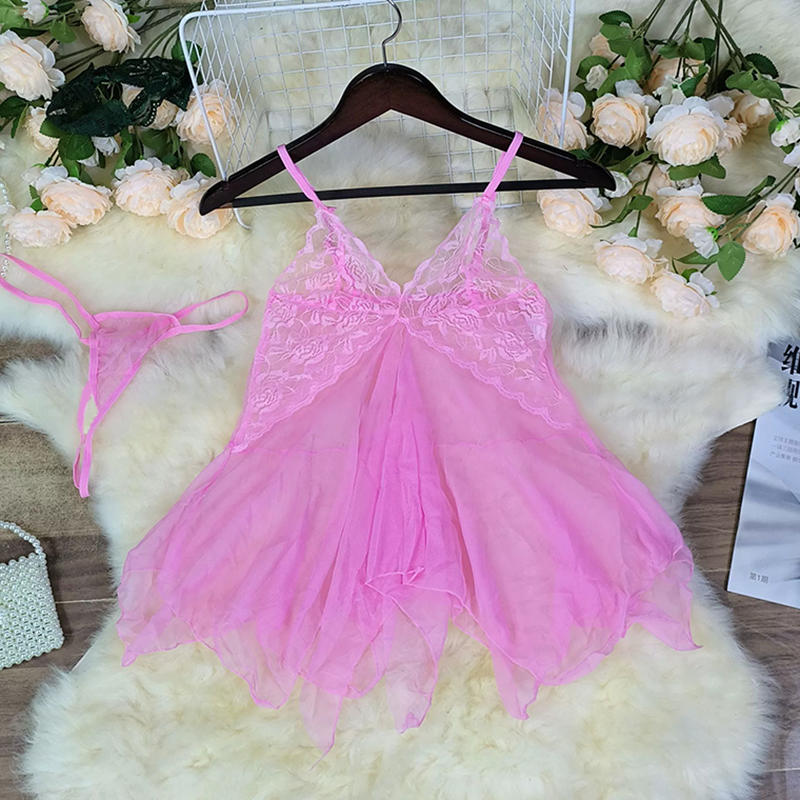 Damenmode Spitze Dessous V-Ausschnitt vorne Babydoll Mesh Nachtwäsche Outfits mit Slip Outfits Sexy Kleid Nachthemd