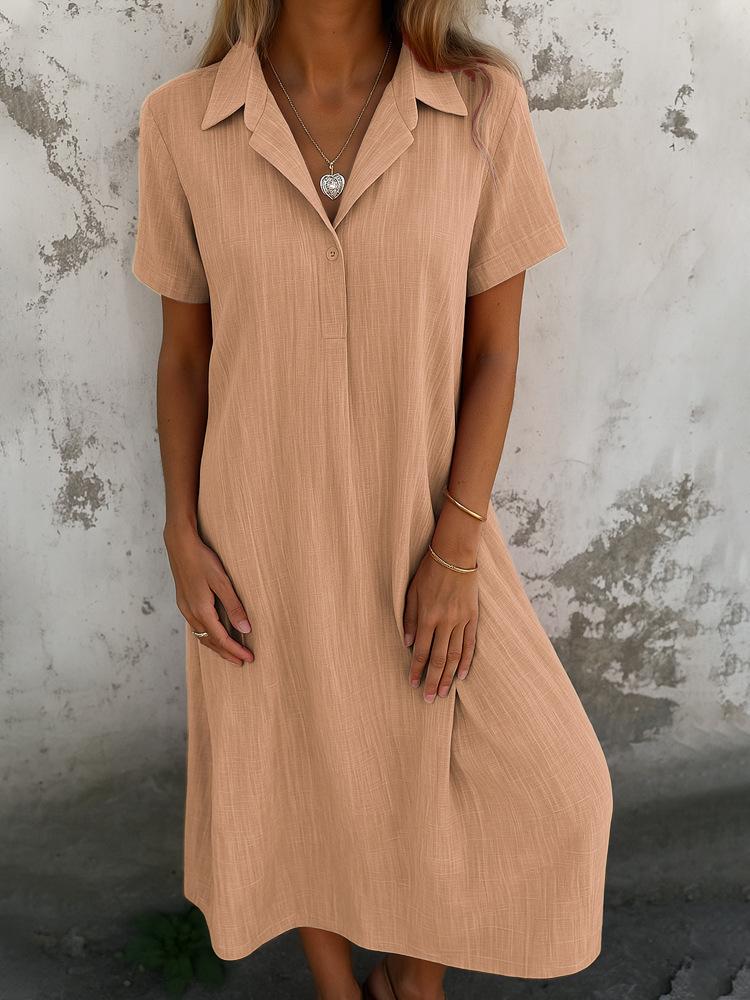 

2026 Casual Spring/Summer Loose V-Neck Short Sleeve Solid Cotton Linen Shirt Dress XL