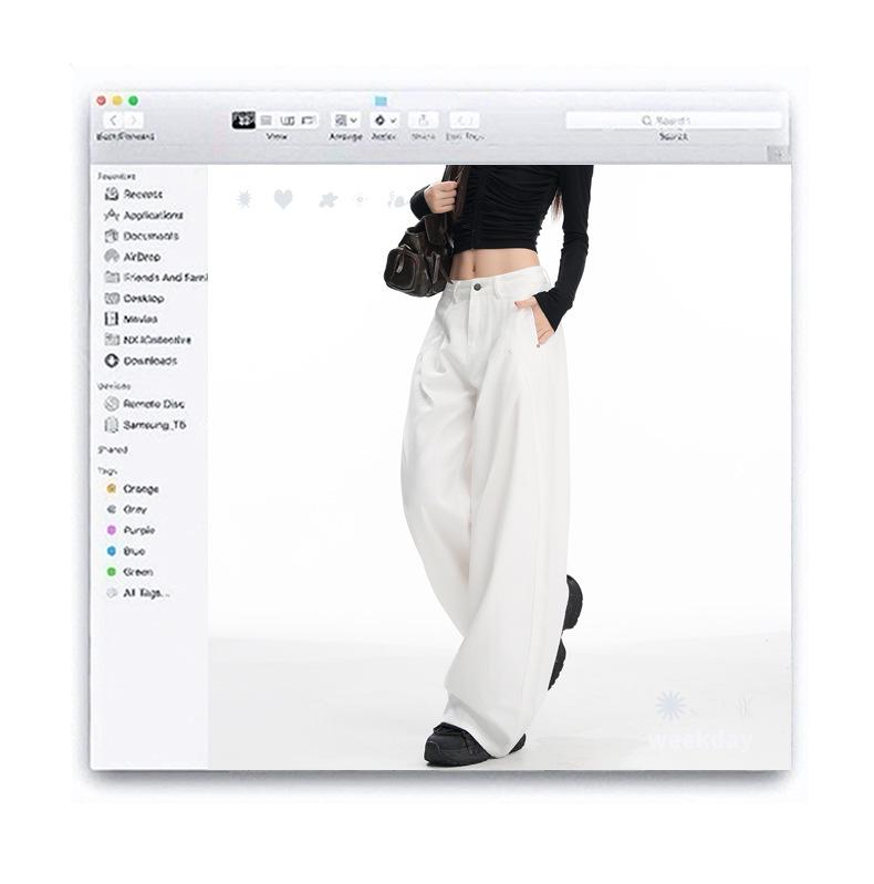 Women's American-Style Wide-Leg White Jeans: Autumn/Winter Pleated Casual Straight Floor-Length Pants