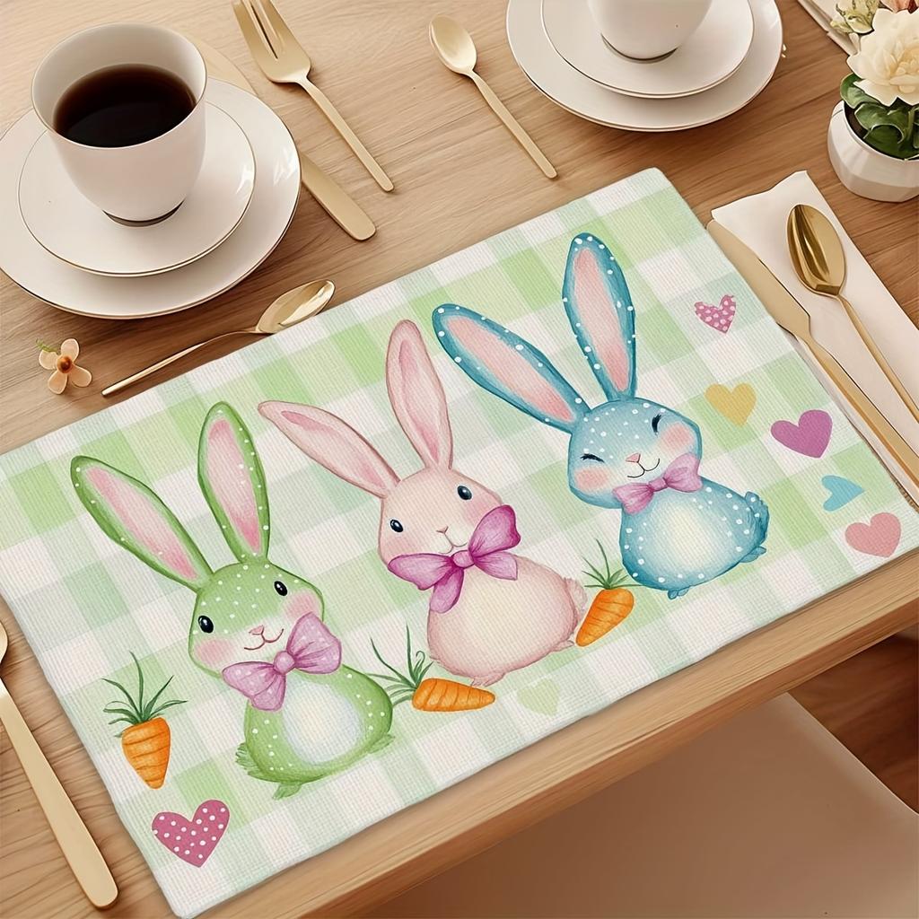 Adorable Bunny and Heart Pattern Placemats, 4pcs Set, Rectangular Placemats for Dining Table, Kitchen Table Mats, (12"x18") Suitable for Home Kitchen
