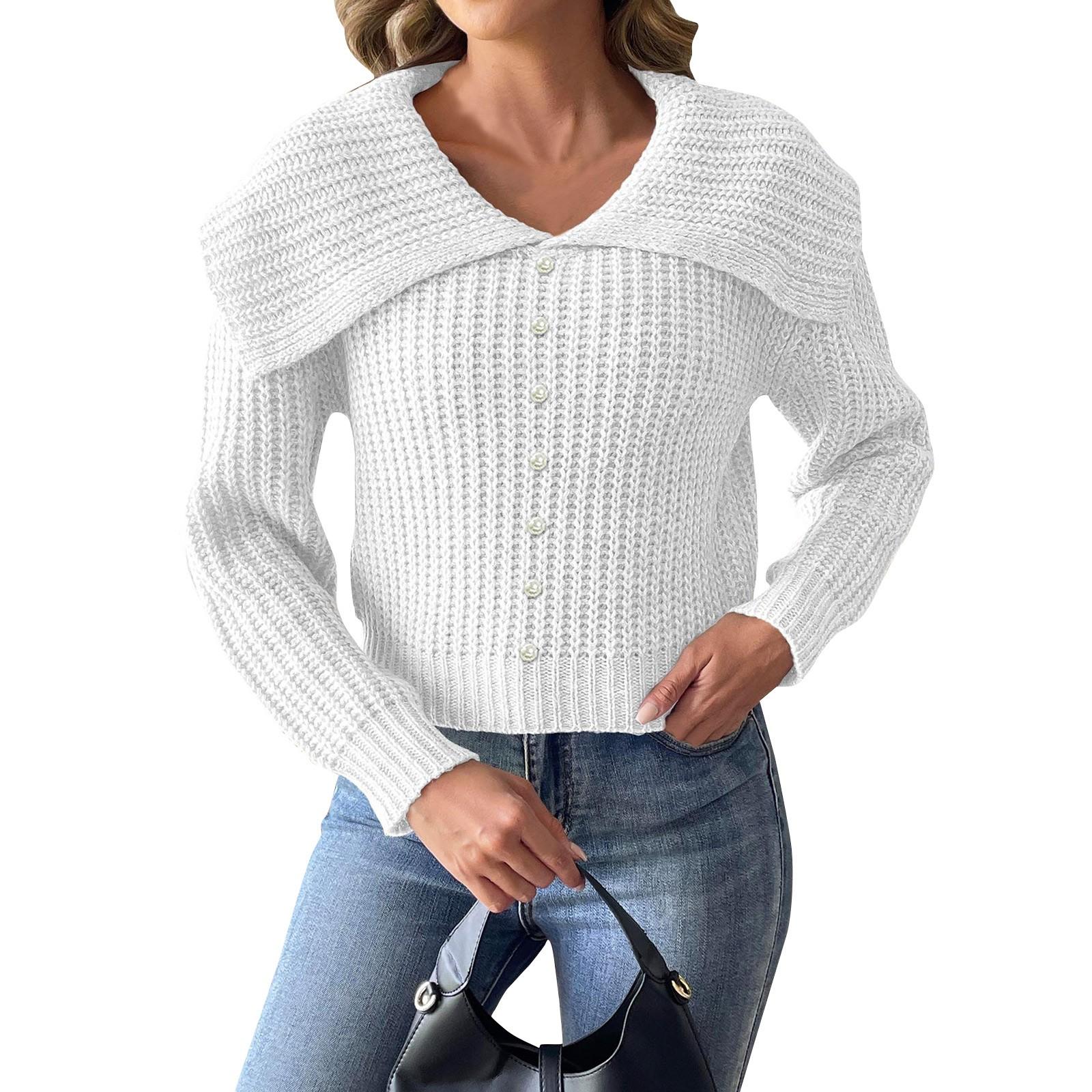 

Женский осенне-зимний короткий топ с жемчужным гвоздем и жемчужным узором, свитер с большим воротником, пуловер XL белый