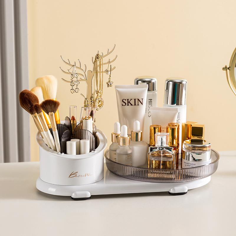 3 in 1Cosmetic Organizer Makeup Storage Box Jewelry Storage Rack Makeup Brush Eyebrow Pencil Lipstick Storage Tube Rotating Rack