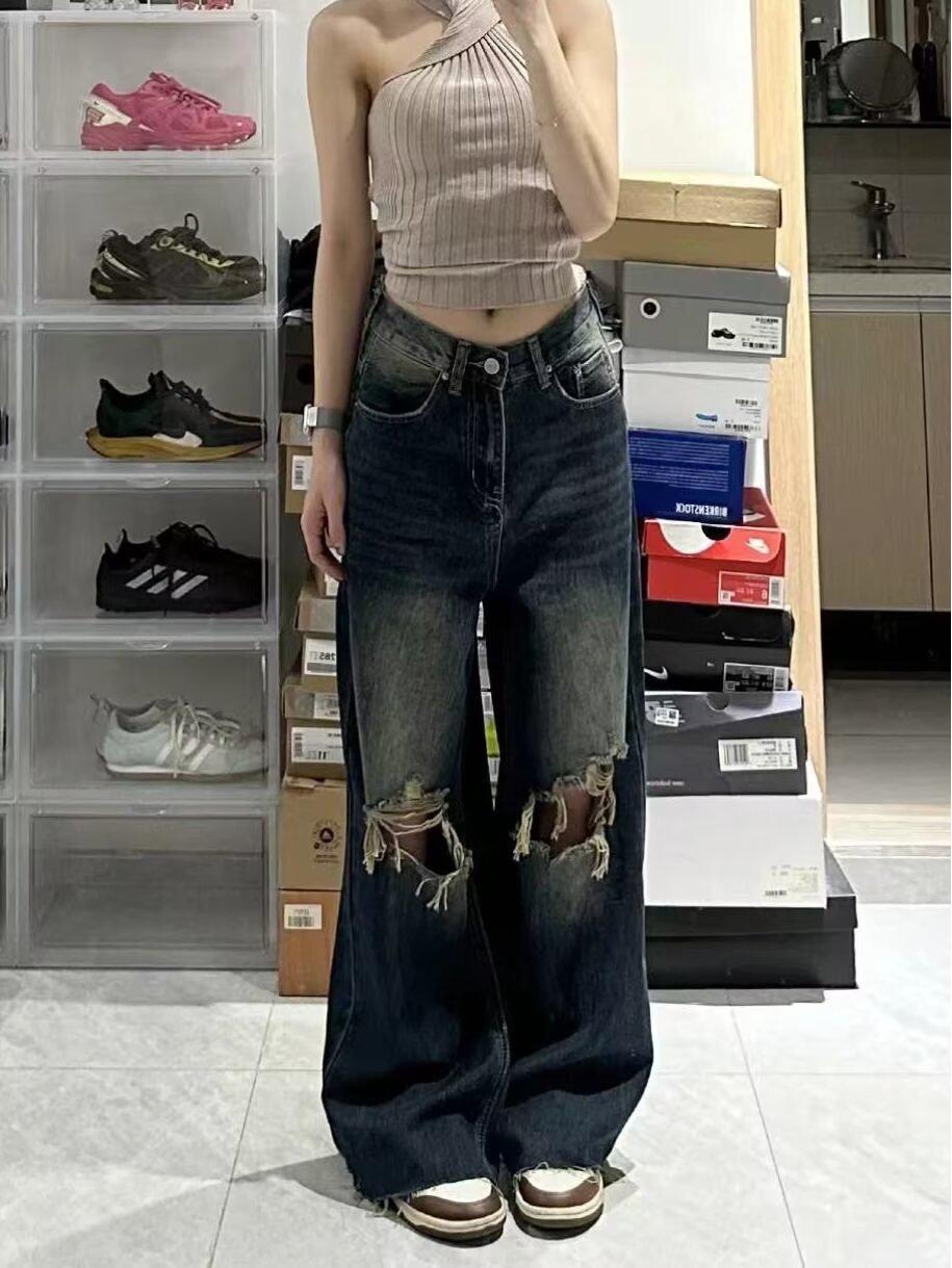 

American High Street Ripped Women s High Waist Straight Leg Jeans - Spring/Autumn 2025 Large