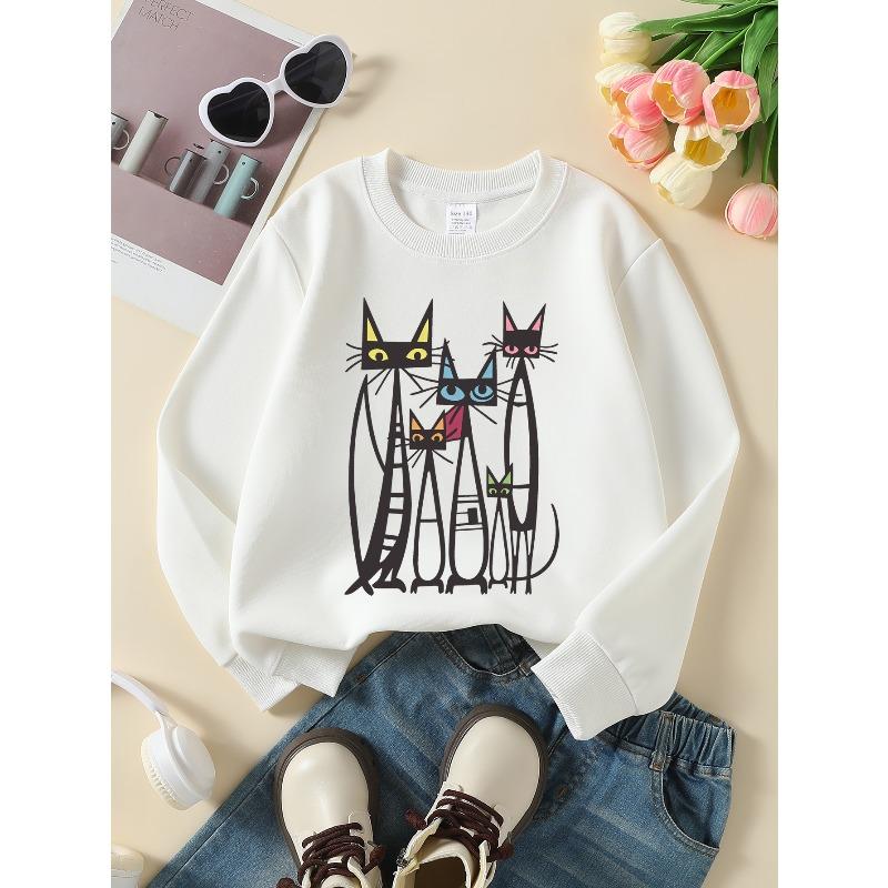 Felpa da bambina a maniche lunghe con scollo rotondo e stampa di una famiglia di gatti, adatta per la primavera e l'autunno, alla moda e casual