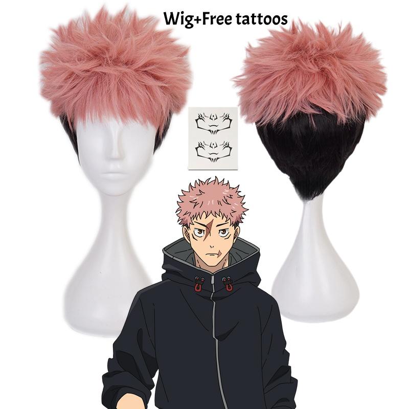Set Costume Cosplay Yuji Itadori con Parrucca Giacca Nera Felpa Uniforme Anime Abbigliamento Sportivo Halloween Unisex